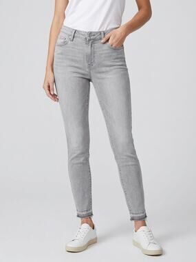 Paige Women's High Hoxton Ankle Jeans Gray Denim Frayed Raw Hem Blue 34